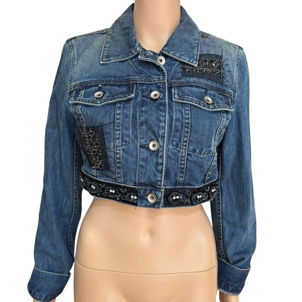 X2 Denim Laboratory Cropped Blue Jean Jacket Embellished Beaded Embroidery Sz M